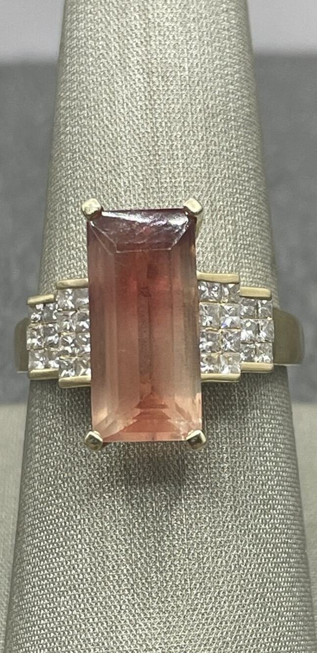 14K Yellow Gold Rectangle Bi-Color Pink/Orange Stone W/ Diamonds Ring (25810)